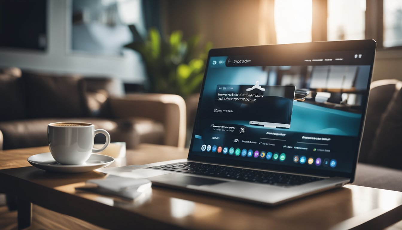 A cozy living room with a laptop on a coffee table, connected to a secure VPN. A padlock icon on the screen symbolizes privacy and protection