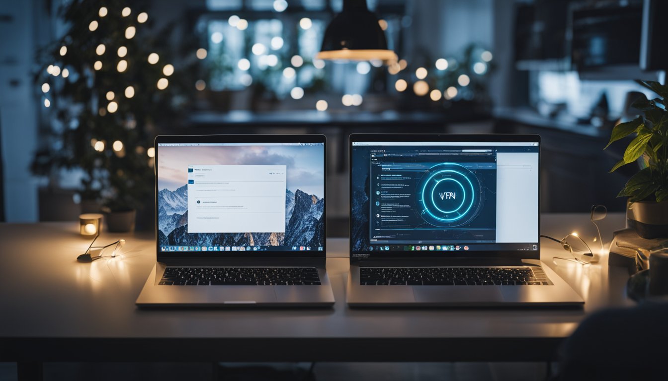 A person at home sets up a VPN on their computer for secure internet access. They connect to a virtual private network to protect their online privacy and data